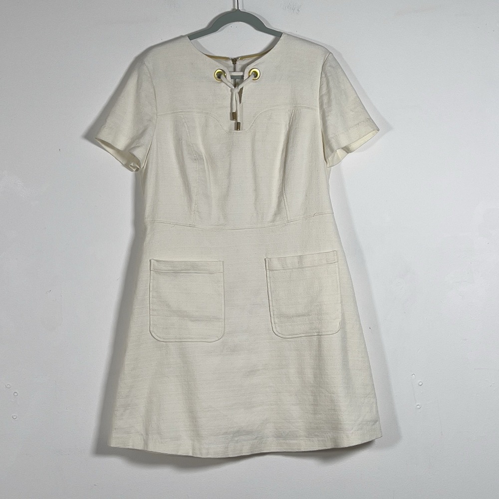 Boden Shift Mini‎ Dress Womens Sz 14R White Short Sleeve Patch Pockets